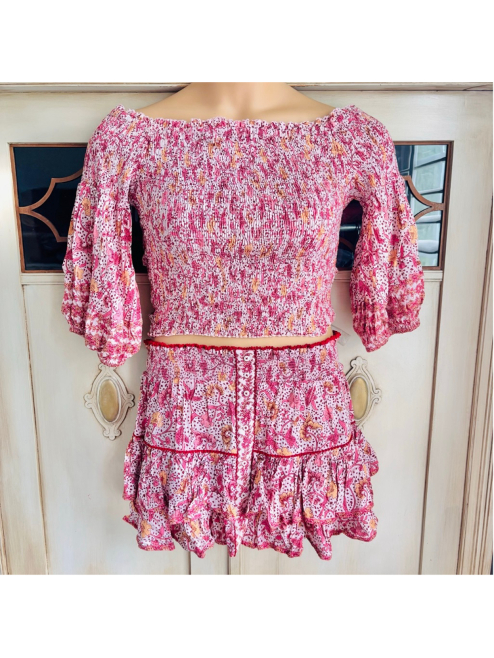 EUC Poupette St. Barth Pink Ariel Crop Top and Mini Skirt Set | Sz Sm/Md